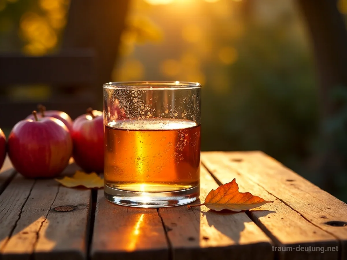 Traumsymbol Apfelwein: Ein Glas bernsteinfarbener Apfelwein steht auf einem Holztisch, umgeben von roten Äpfeln im warmen Nachmittagslicht.
