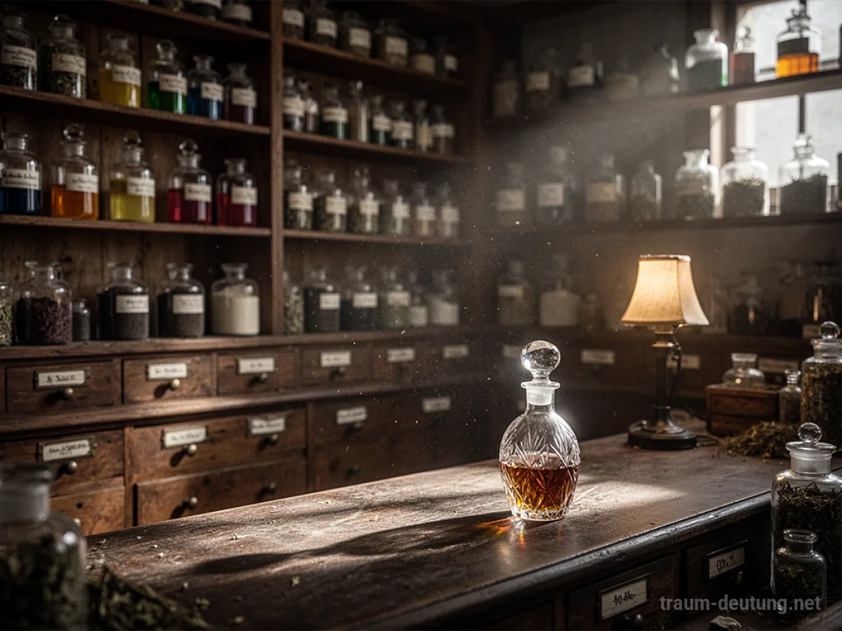 Traumsymbol Apotheke: Ein stimmungsvoll beleuchteter alter Apothekenladen mit Regalen voller Flaschen und Schubladen, ein einzelnes Glasfläschchen steht auf dem Tresen.