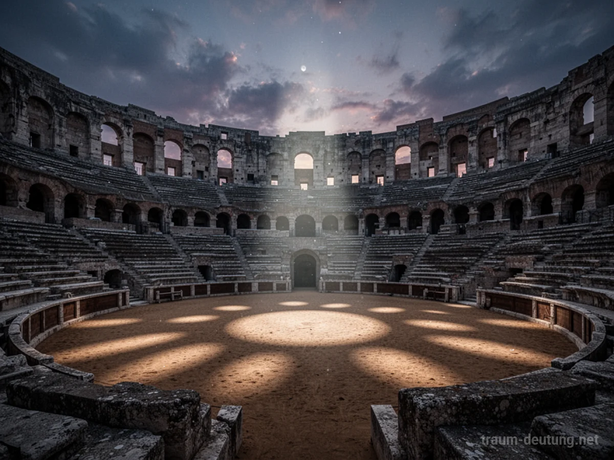 Traumsymbol Arena: Ein leeres, antikes römisches Amphitheater im Mondlicht, das eine Bühne für öffentliche Auseinandersetzung darstellt.