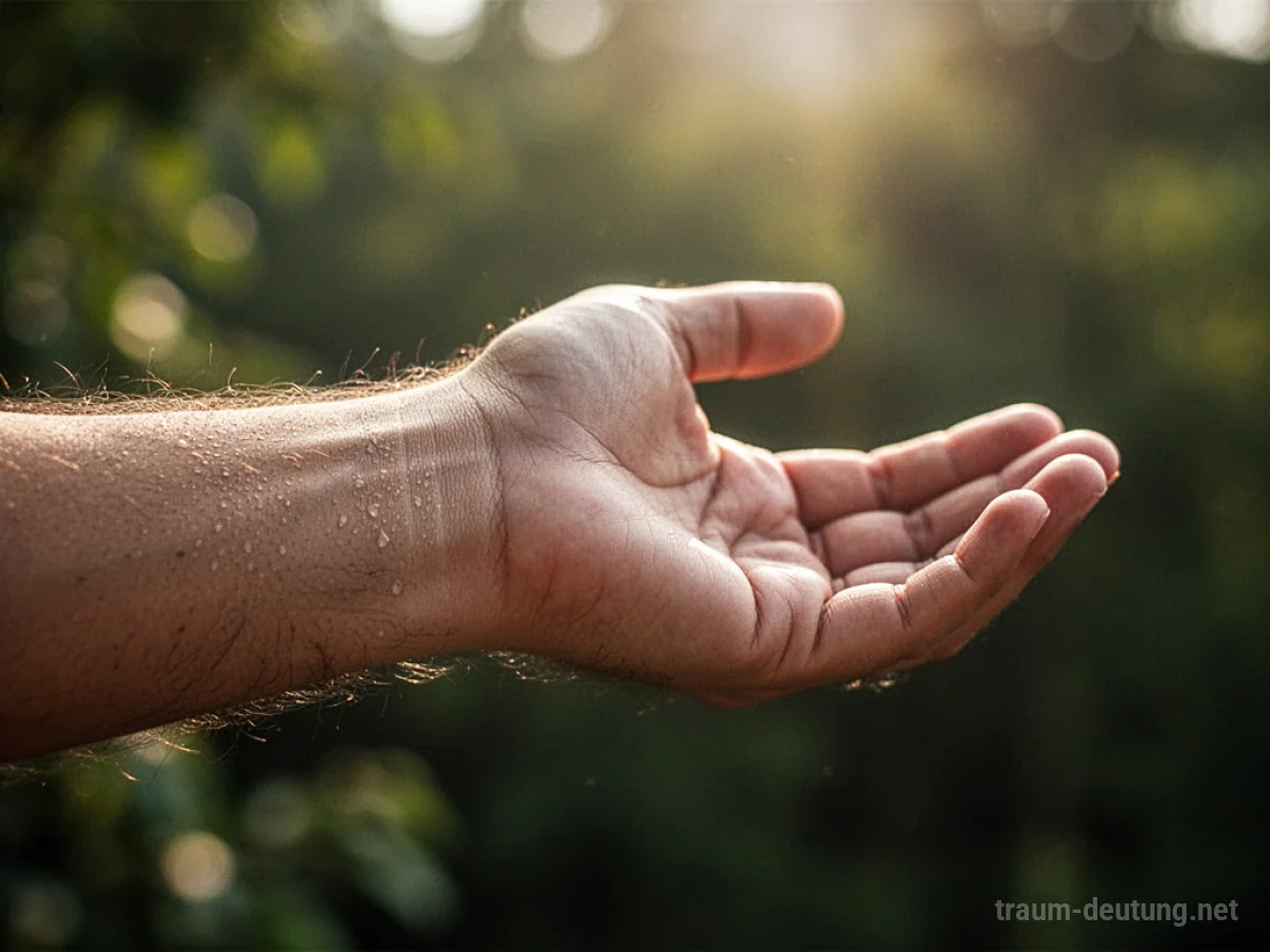 Traumdeutung Arm: Ein detailliert dargestellter menschlicher Arm, sanft in warmes Sonnenlicht getaucht, streckt sich nach vorne.