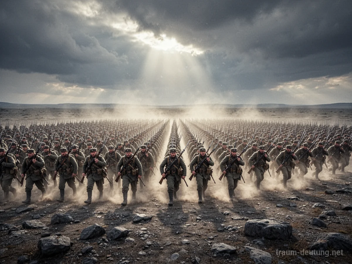Traumdeutung Armee: Tausende Soldaten marschieren diszipliniert in perfekter Formation über eine karge Felsebene unter einem dramatischen Himmel.