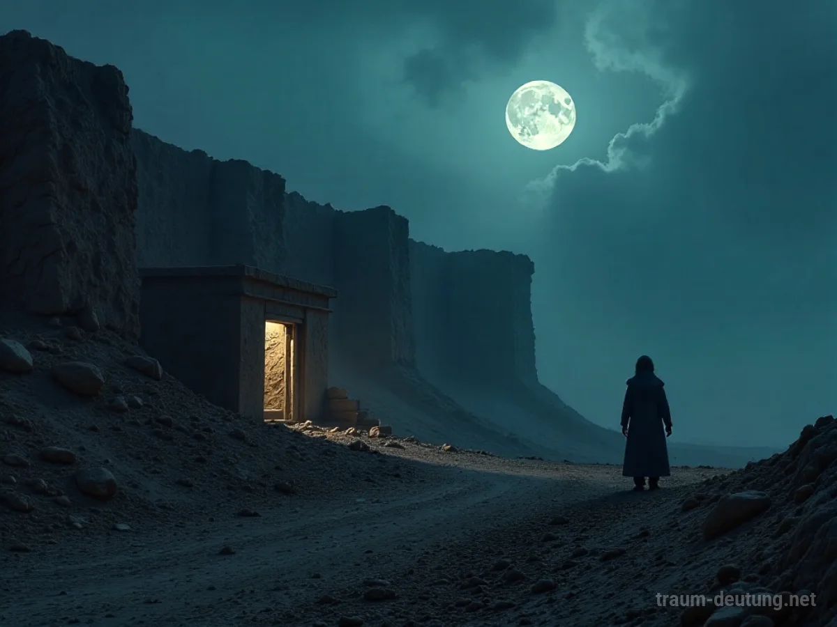 Traumsymbol Asylant: Eine einsame Silhouette steht am Rande einer düsteren, trostlosen Landschaft vor einem provisorischen Unterschlupf im Mondlicht, was Suche nach Sicherheit symbolisiert.