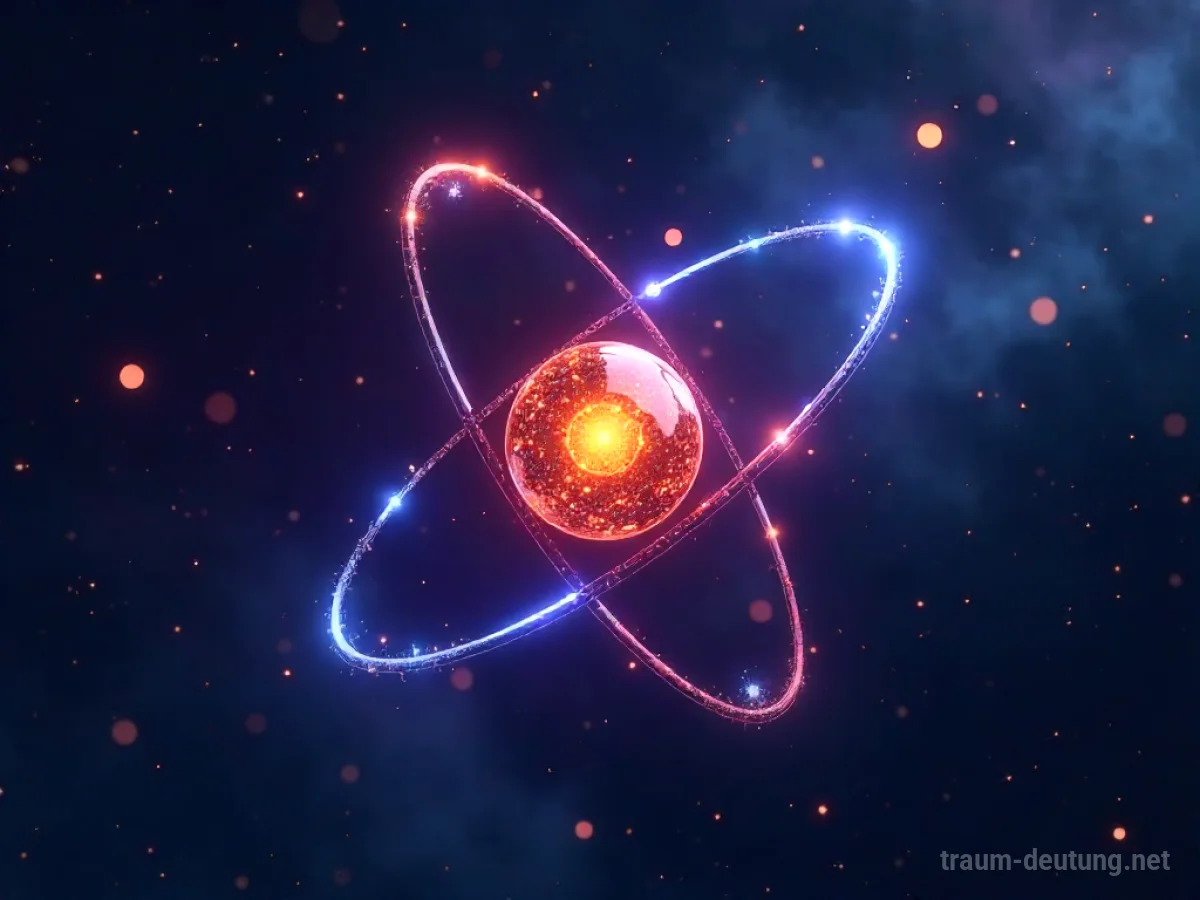 Traumdeutung Atom: Ein stilisiertes Atommodell mit leuchtendem Kern und Energiebahnen schwebt in einer dunklen, kosmischen Leere mit zarten Nebeln.