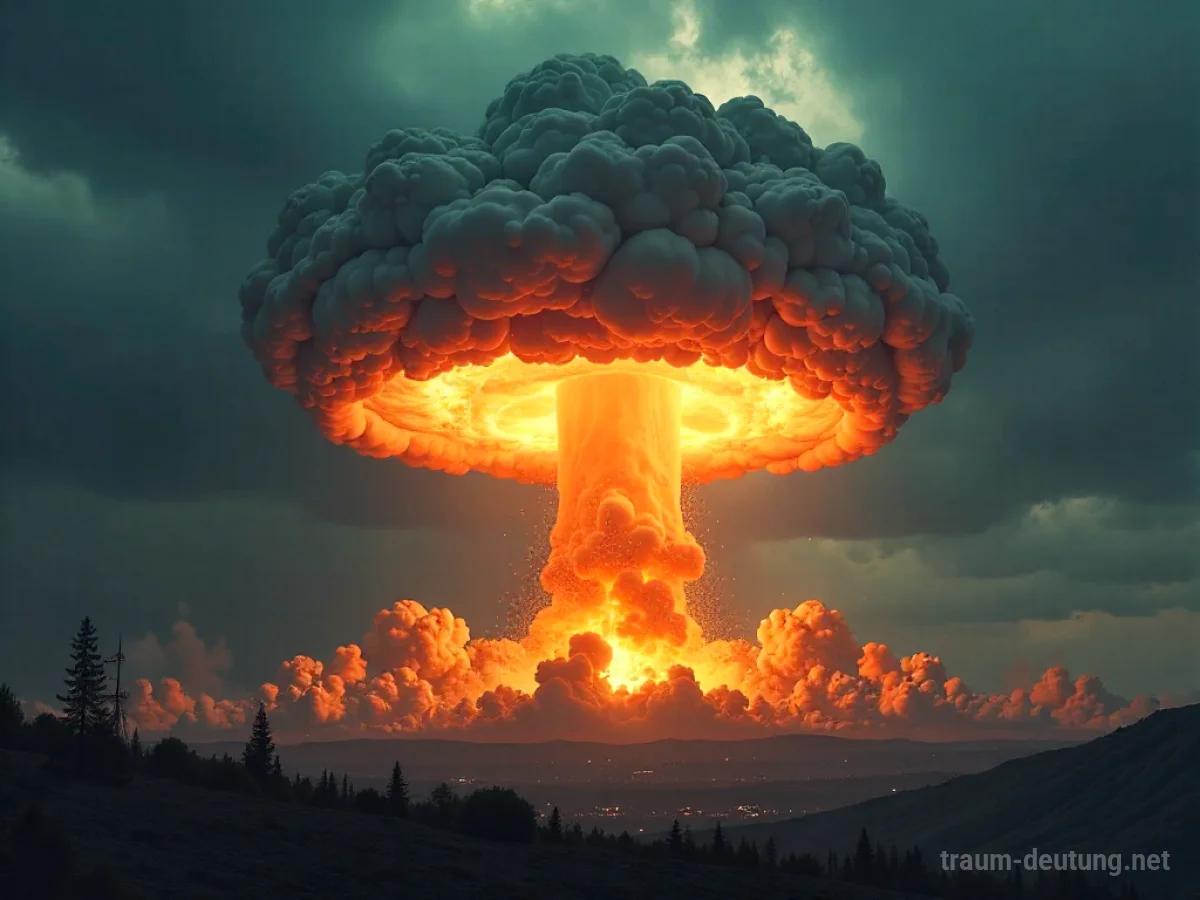Traumsymbol Atombombe: Eine gewaltige Atombombenwolke steigt gegen einen stürmischen Himmel auf, mit feurigem Kern und dunklen Rauchschwaden, die Zerstörung andeuten.