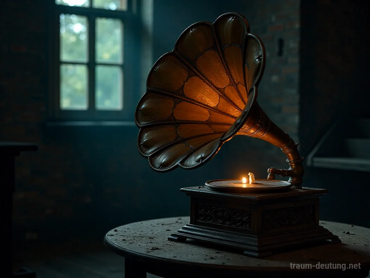 Traumsymbol Audio: Ein antiker Grammophon-Schalltrichter strahlt ein sanftes Licht in einem staubigen Dachboden aus, beleuchtet von Mondlicht.