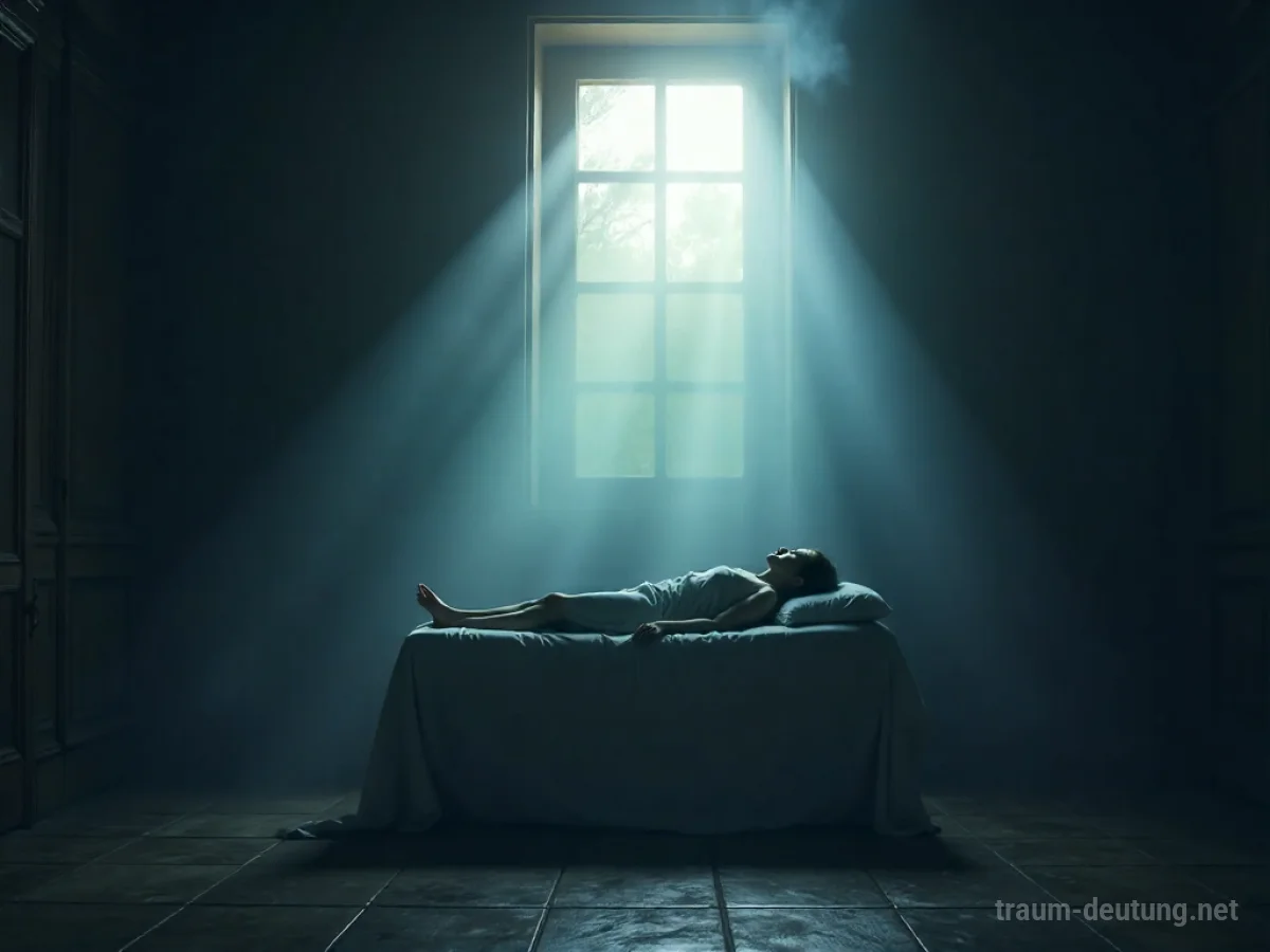Traumdeutung Aufbahren: Eine im Mondlicht liegende Person auf einem schlichten Aufbahrungsort, umgeben von Nebel, symbolisiert Stille und Übergang.