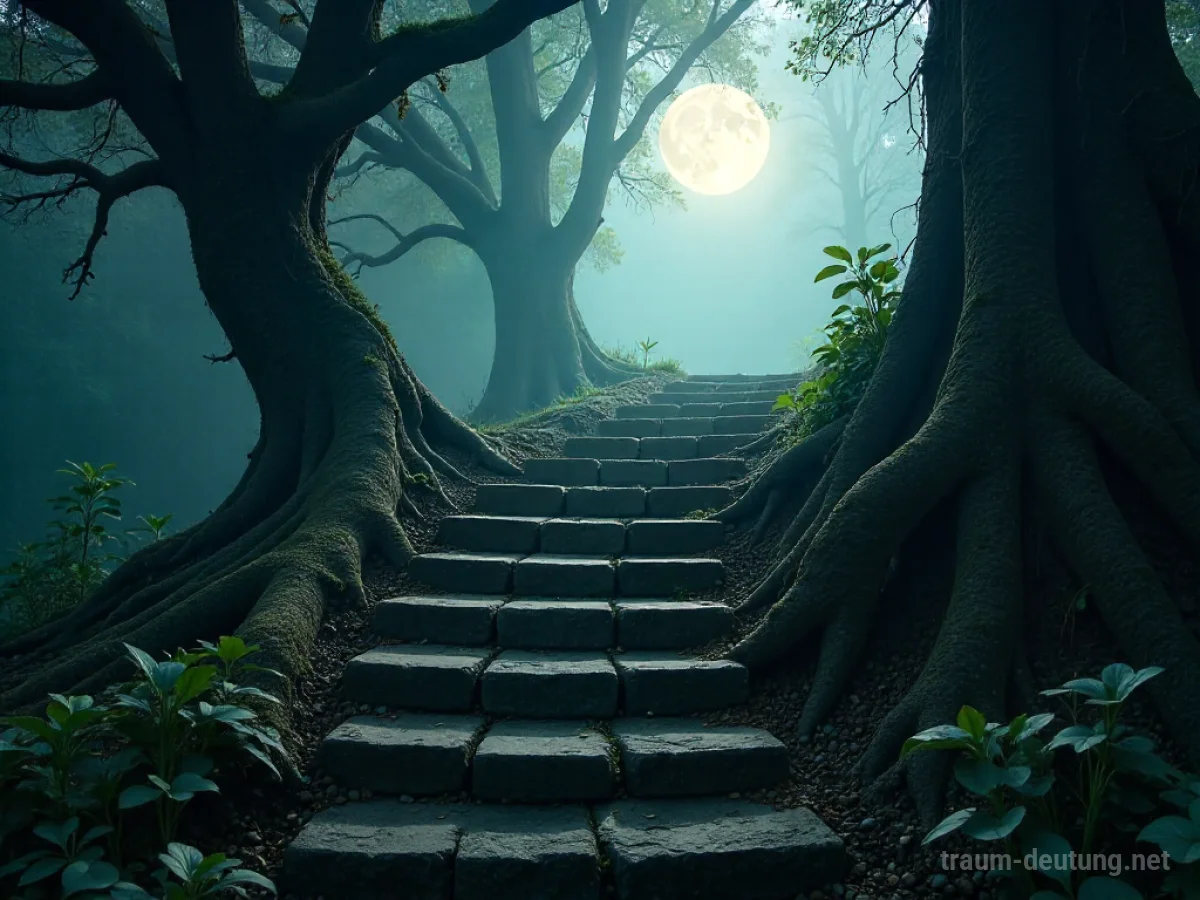 Traumsymbol Aufgang: Eine steinerne Treppe führt aus nebligem Dunkel zu einem diffusen Licht empor, umgeben von alten Baumwurzeln.