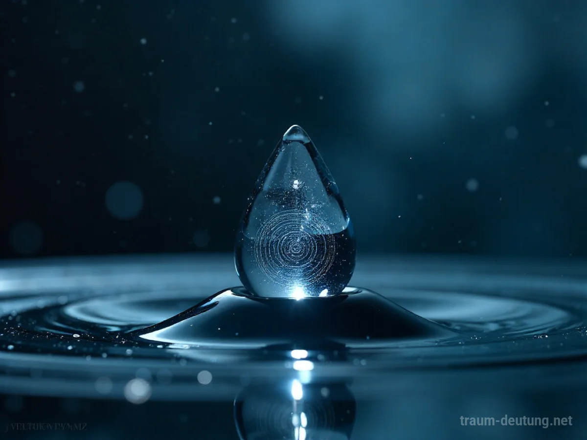 Traumsymbol Auflösung: Ein einzelner, klarer Wassertropfen reflektiert ein Labyrinth, beleuchtet von sanftem Licht vor einem dunklen Hintergrund.