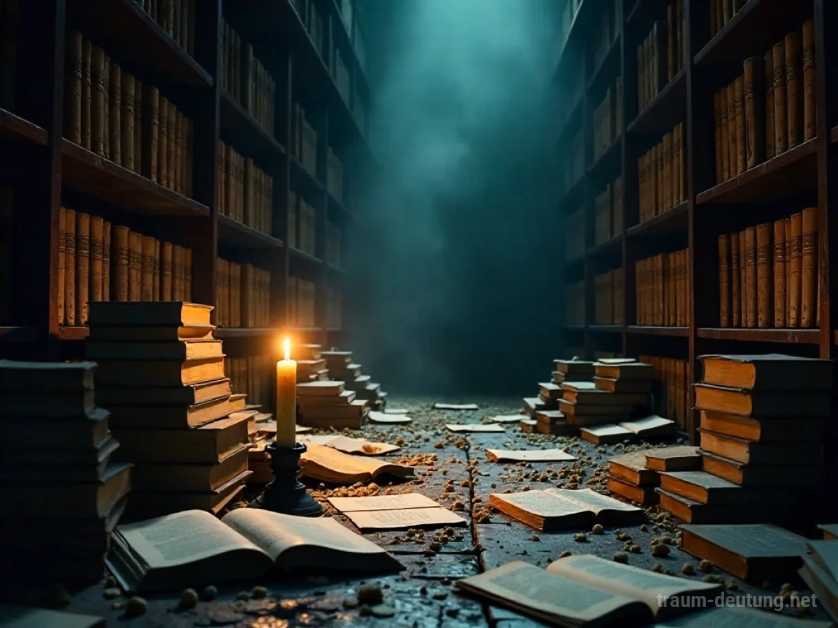 Traumsymbol Aufruhr: Eine chaotische Szene in einer schwach beleuchteten, alten Bibliothek mit verstreuten Büchern und flackerndem Kerzenlicht.