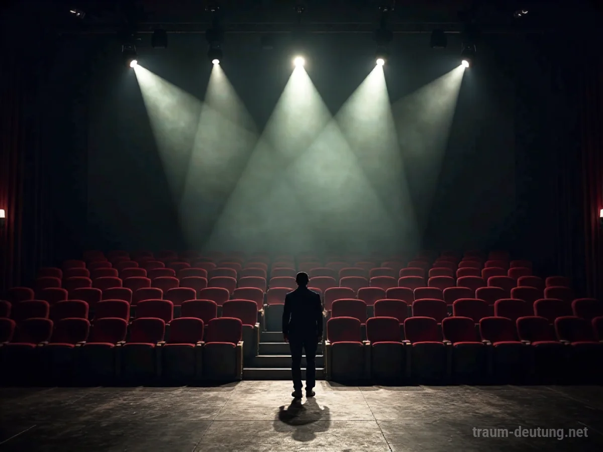Traumsymbol Auftritt: Eine einzelne Person steht allein im Scheinwerferlicht auf einer riesigen Theaterbühne, umgeben von dunklen, leeren Sitzreihen.
