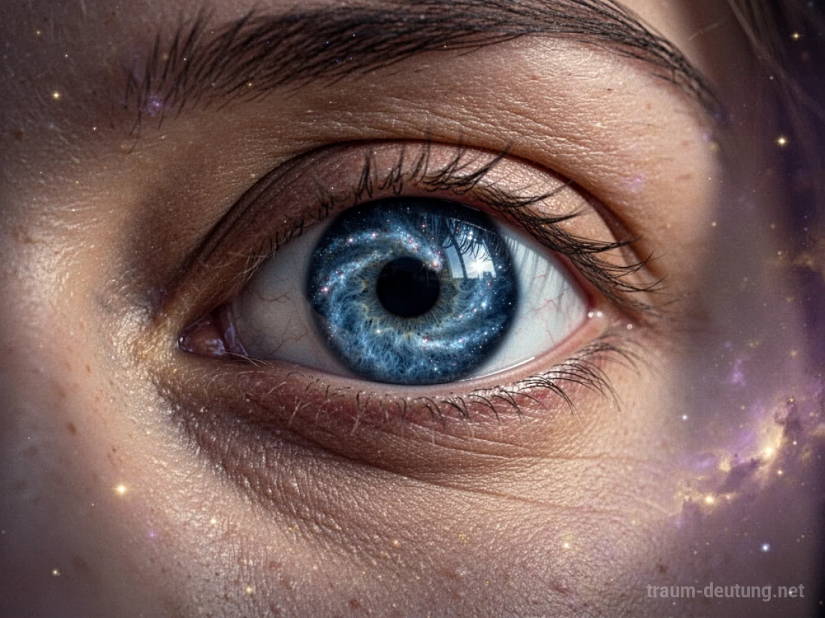 Traumdeutung Auge: Ein menschliches Auge reflektiert eine Galaxie, umgeben von sanftem Mondlicht und kosmischem Nebel, was tiefere Einsichten symbolisiert.