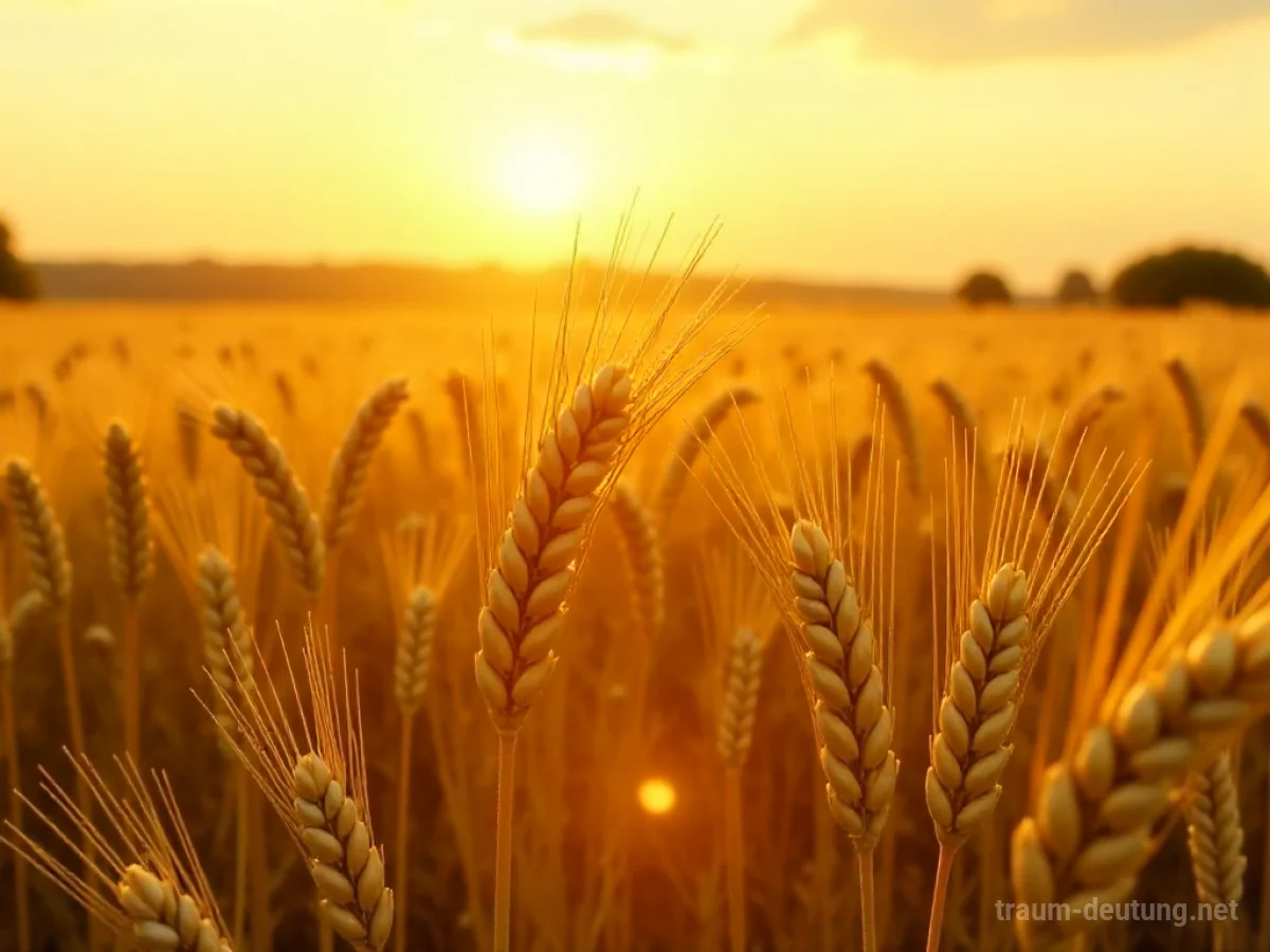 Traumsymbol August: Ein weites Feld mit reifem, goldenem Weizen unter warmem Spätnachmittagssonnenlicht, das eine Atmosphäre der Fülle und des Übergangs ausstrahlt.