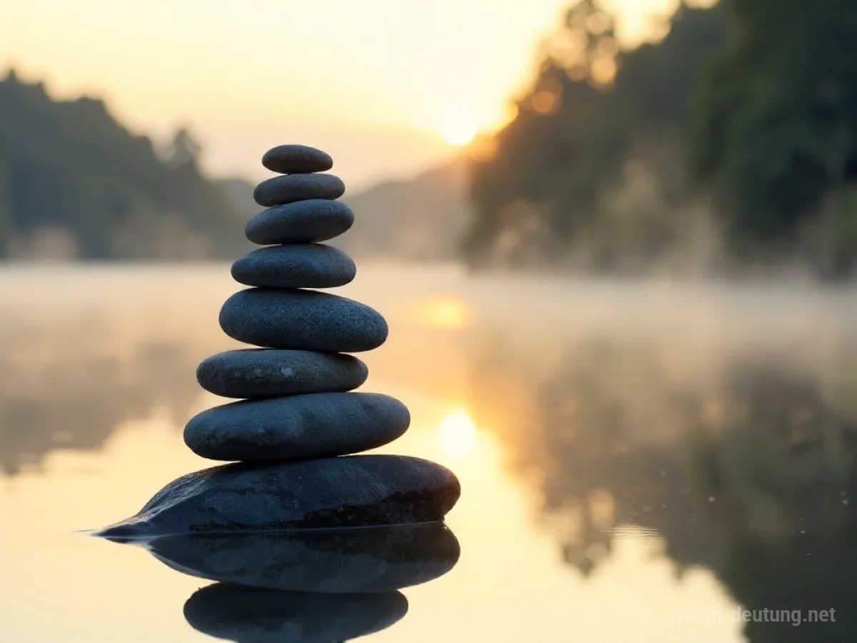 Traumsymbol Ausgleich: Ein perfekt ausbalancierter Steinturm ruht auf der ruhigen Wasseroberfläche eines Sees im sanften Licht der Morgendämmerung.