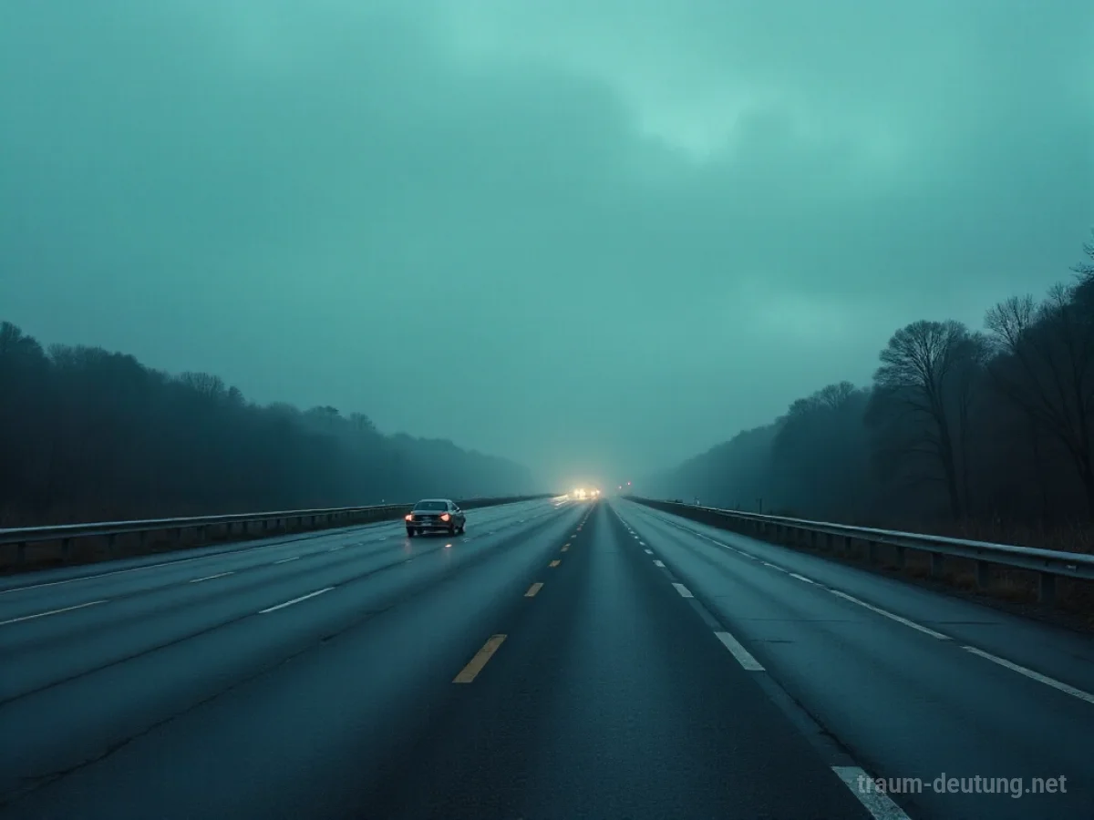 Traumdeutung Autobahn: Eine weite, mehrspurige Autobahn erstreckt sich in die Ferne unter einem dramatischen, bedeckten Himmel mit nassem Asphalt und einem einzelnen, schnell fahrenden Auto.