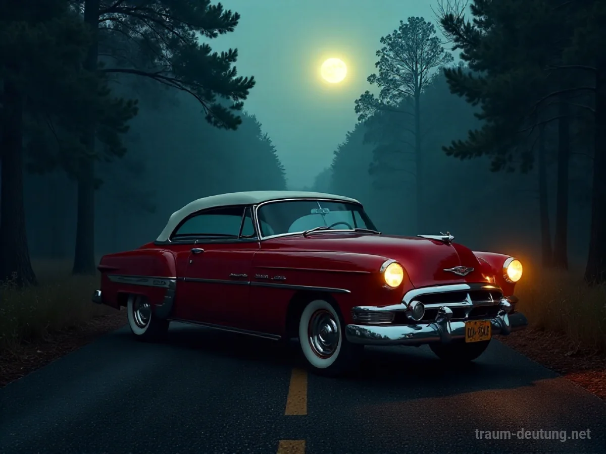 Traumdeutung Automobil: Ein roter Oldtimer steht auf einer nebligen Mondnachtstraße vor einem dunklen Wald.