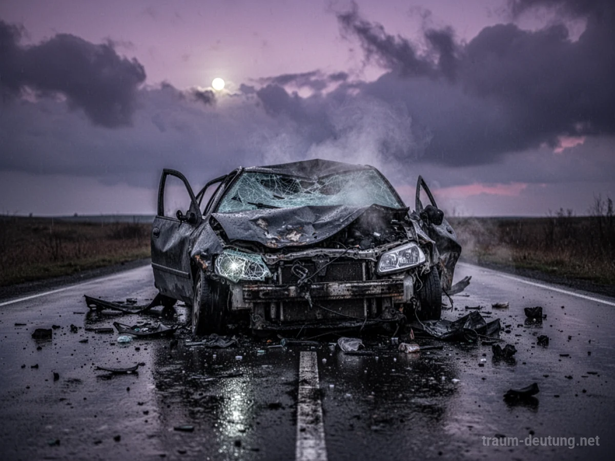 Traumsymbol Autounfall: Ein stark beschädigtes Auto steht verlassen auf einer regennassen Straße im Zwielicht unter einem düsteren Himmel.