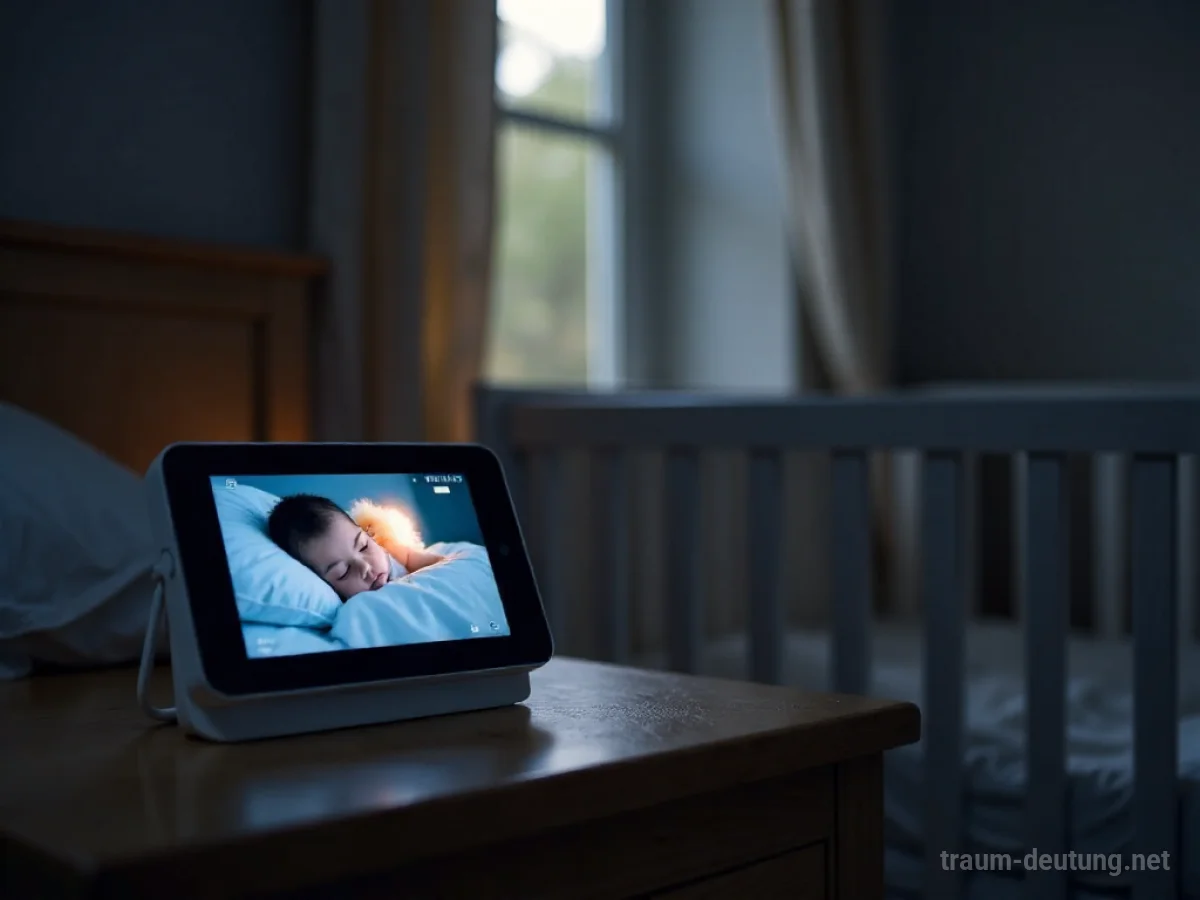 Traumdeutung Babyfon: Ein modernes Babyfon auf einem Nachttisch in einem schattigen Kinderzimmer, das sanft beleuchtet wird.