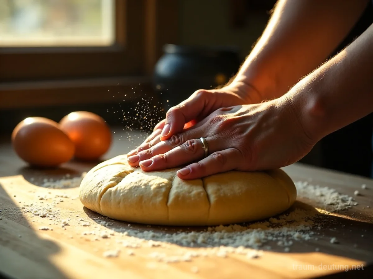 Traumdeutung Backen: Hände kneten goldgelben Teig auf einem rustikalen Holztisch im warmen Licht eines Fensters.