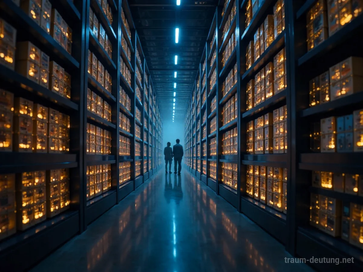 Traumsymbol Backup: Eine futuristische Bibliothek mit leuchtenden Datenströmen und holografischen Projektionen, die Sicherheit und Vorbereitung symbolisieren.
