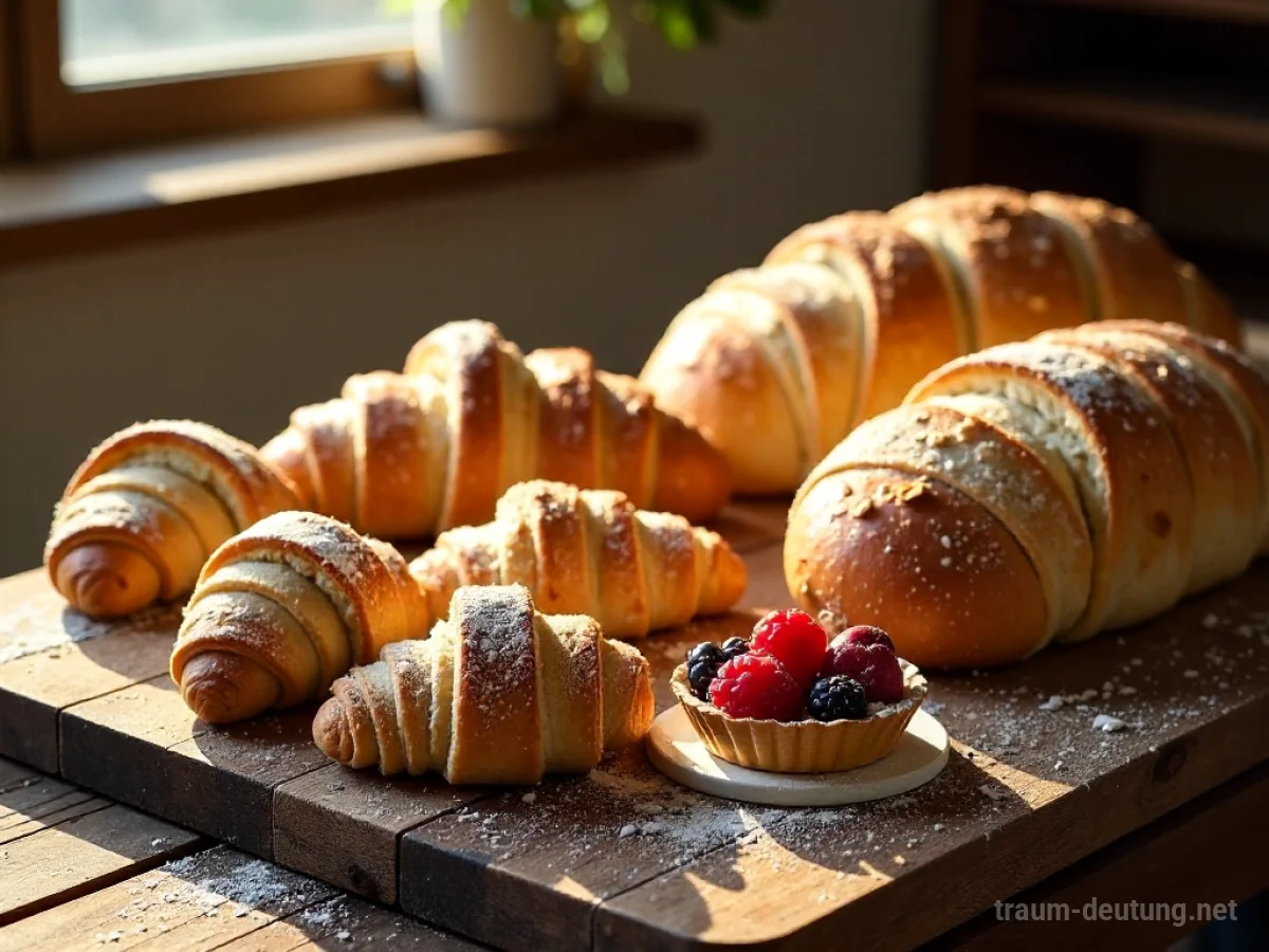Traumdeutung Backwaren: Ein rustikaler Holztisch voller frisch gebackener Backwaren wie Brot und Croissants, beleuchtet von warmem Morgenlicht.