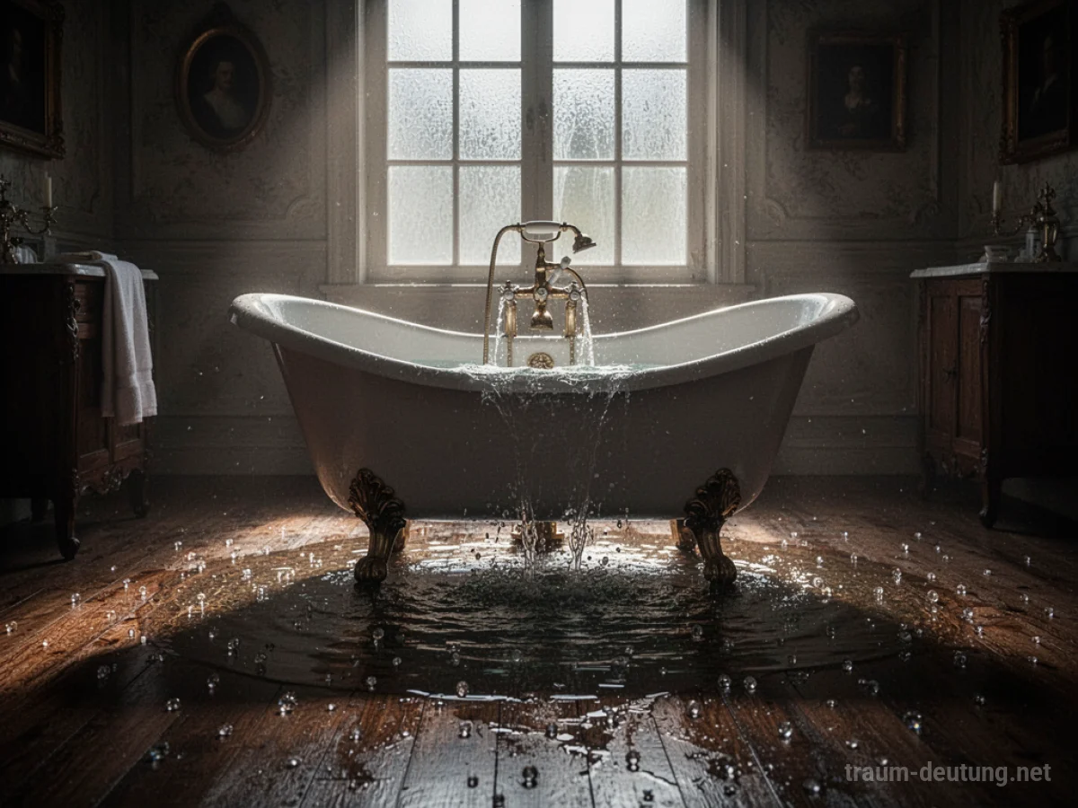Traumdeutung Bad: Eine freistehende Badewanne in einem dunklen, stimmungsvollen Badezimmer, beleuchtet von sanftem Mondlicht, mit überlaufendem Wasser auf dem Boden.
