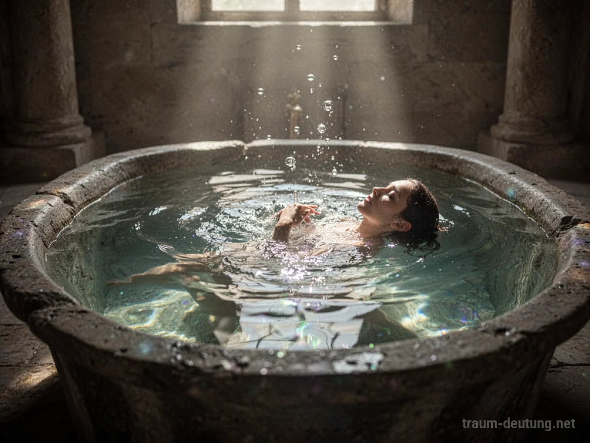 Traumdeutung Baden: Eine Person taucht in kristallklarem Wasser einer antiken Steinbadewanne, während sanftes Sonnenlicht die Szene erhellt und Luftblasen aufsteigen.