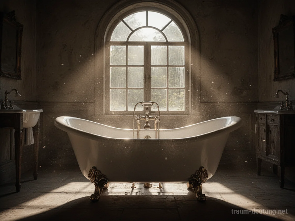 Traumsymbol Badewanne: Eine leere, prunkvolle Badewanne steht in einem schwach beleuchteten Vintage-Badezimmer, während Mondlicht durch ein Fenster fällt.
