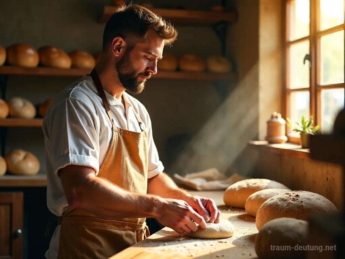 Traumsymbol Bäcker: Ein Bäcker mit mehlbestäubter Schürze formt Teig in einer warmen Bäckerei, während Sonnenlicht durch ein Fenster fällt.