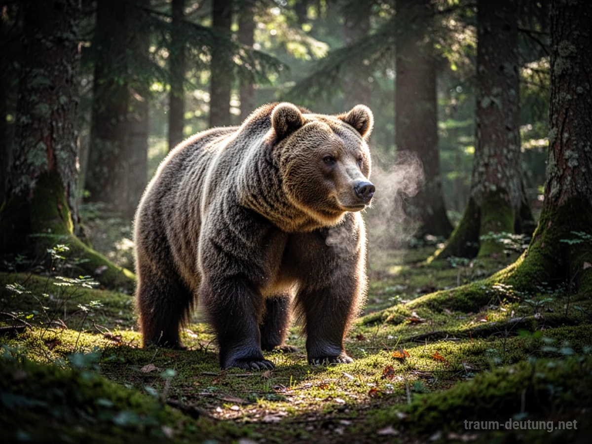 Traumsymbol Bär: Ein majestätischer Grizzlybär steht aufmerksam in einer Lichtung eines dichten, alten Waldes, während Sonnenlicht durch das Blätterdach fällt.
