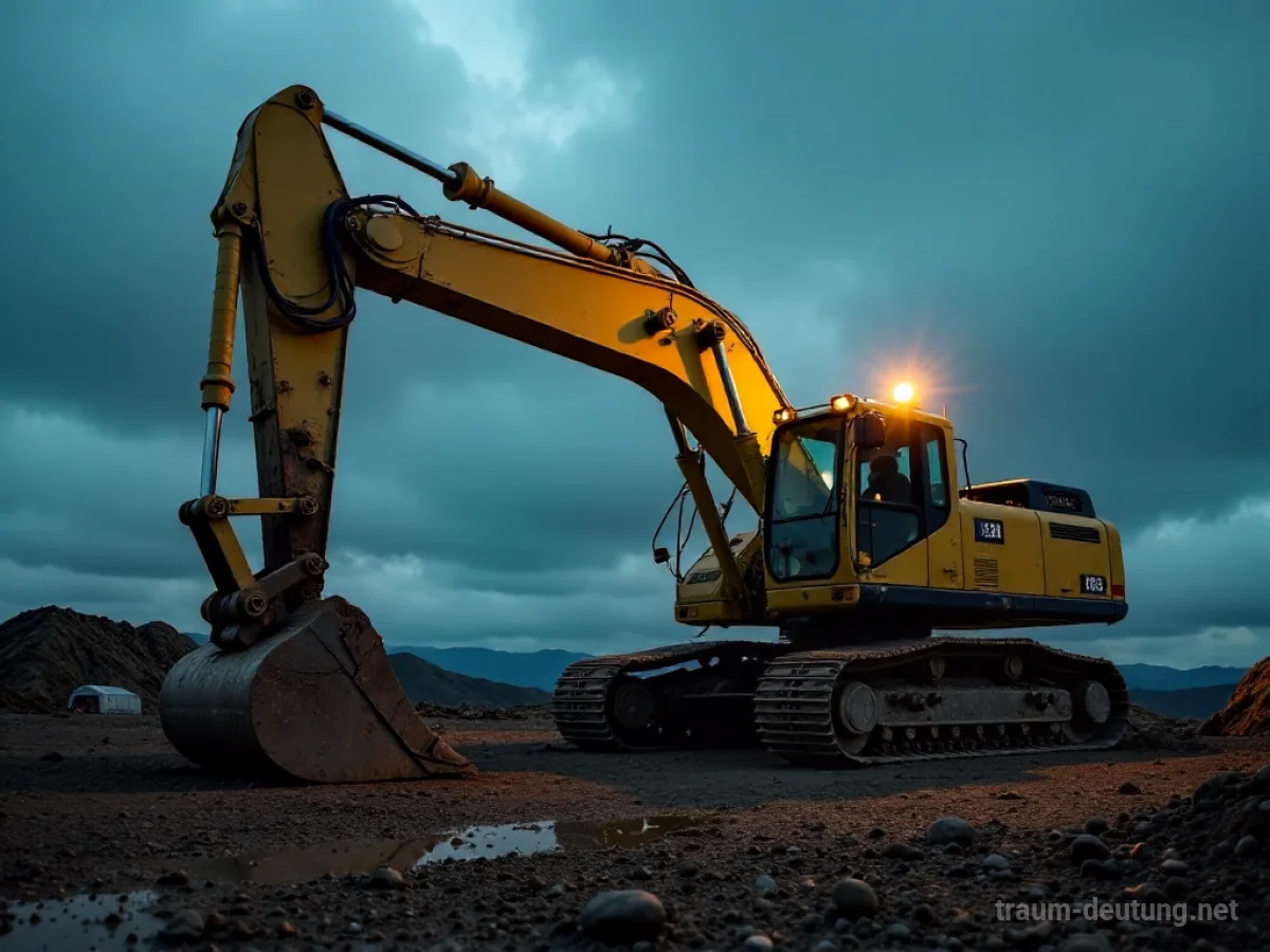 Traumdeutung Bagger: Ein massiver, gelber Bagger steht in einer schlammigen Baustelle im Zwielicht, umgeben von aufgewirbeltem Staub und unfertigen Arbeiten.