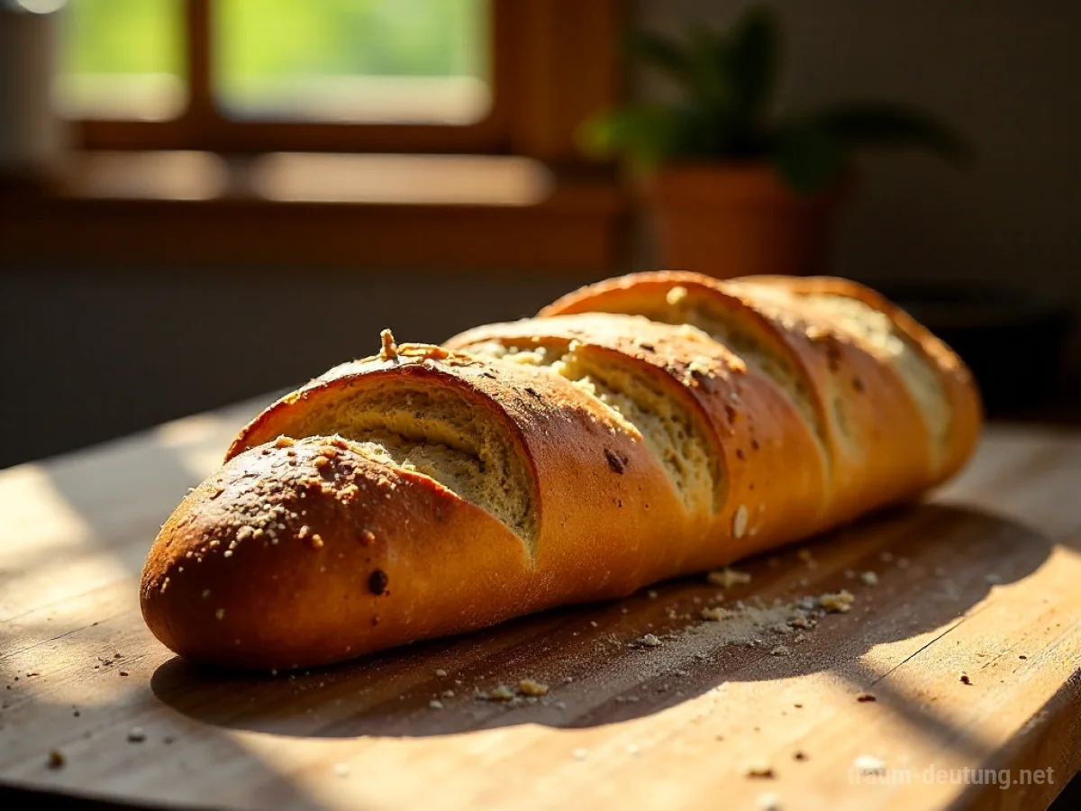 Traumsymbol Baguette: Ein frisch gebackenes, goldbraunes Baguette liegt auf einem rustikalen Holztisch, beleuchtet von warmem Sonnenlicht.