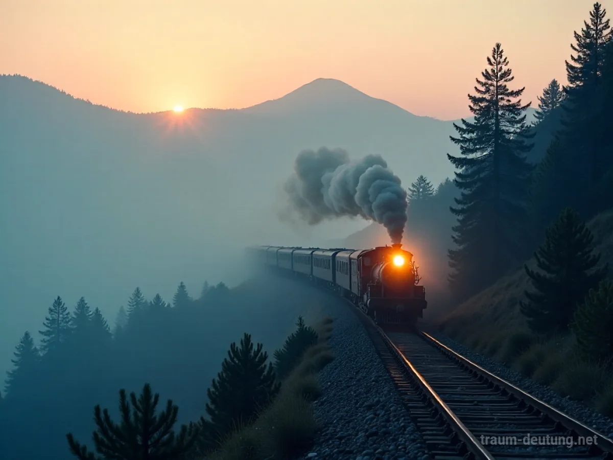 Traumsymbol Bahn: Eine einsame Dampflokomotive fährt durch nebelverhangene Berge im Morgengrauen auf den Gleisen.