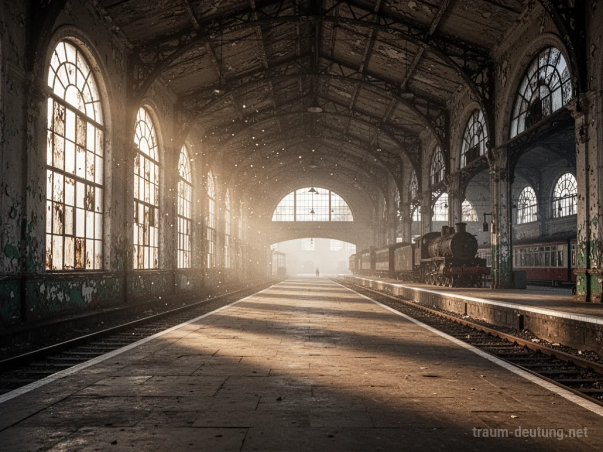Traumsymbol Bahnhof: Eine weite, verlassene Bahnhofshalle im Morgengrauen mit durch Fenster fallenden Sonnenstrahlen und einem einzelnen Dampfzug auf den Gleisen.
