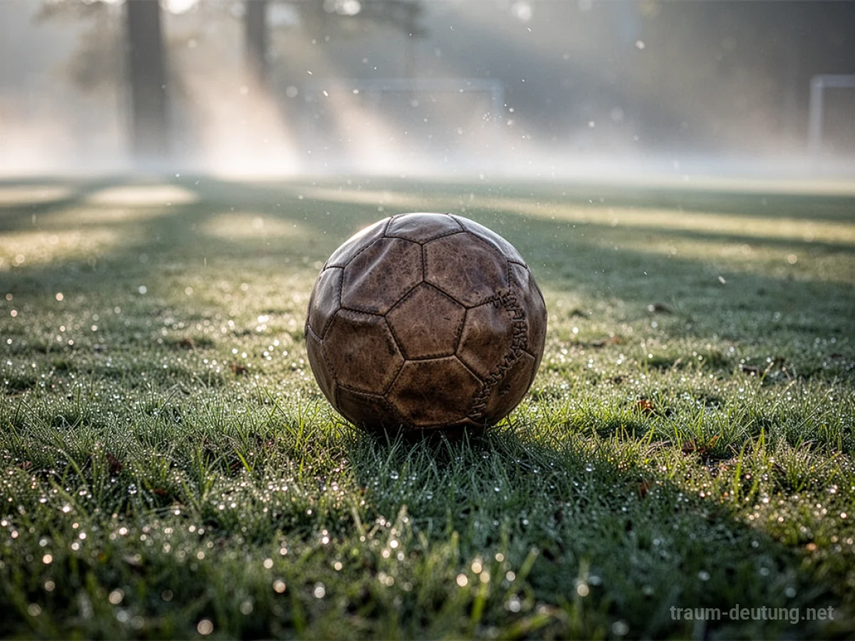 Traumsymbol Ball: Ein abgenutzter Lederfußball liegt auf einem taufrischen, grünen Rasenfeld im sanften Licht der Morgensonne.