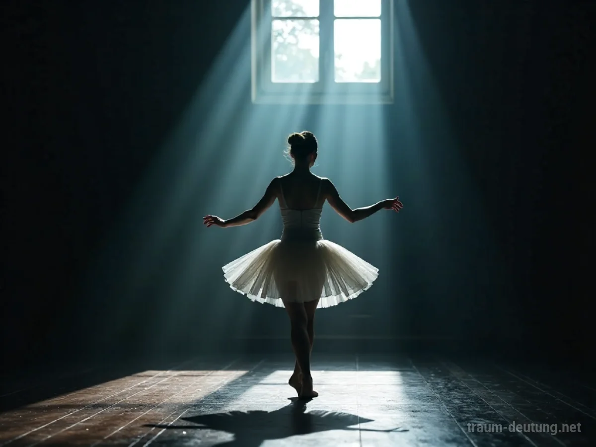Traumdeutung Ballerina: Eine einsame Ballerina in weißem Tutu steht auf einer schwach beleuchteten Bühne im Mondlicht, fokussiert und anmutig.