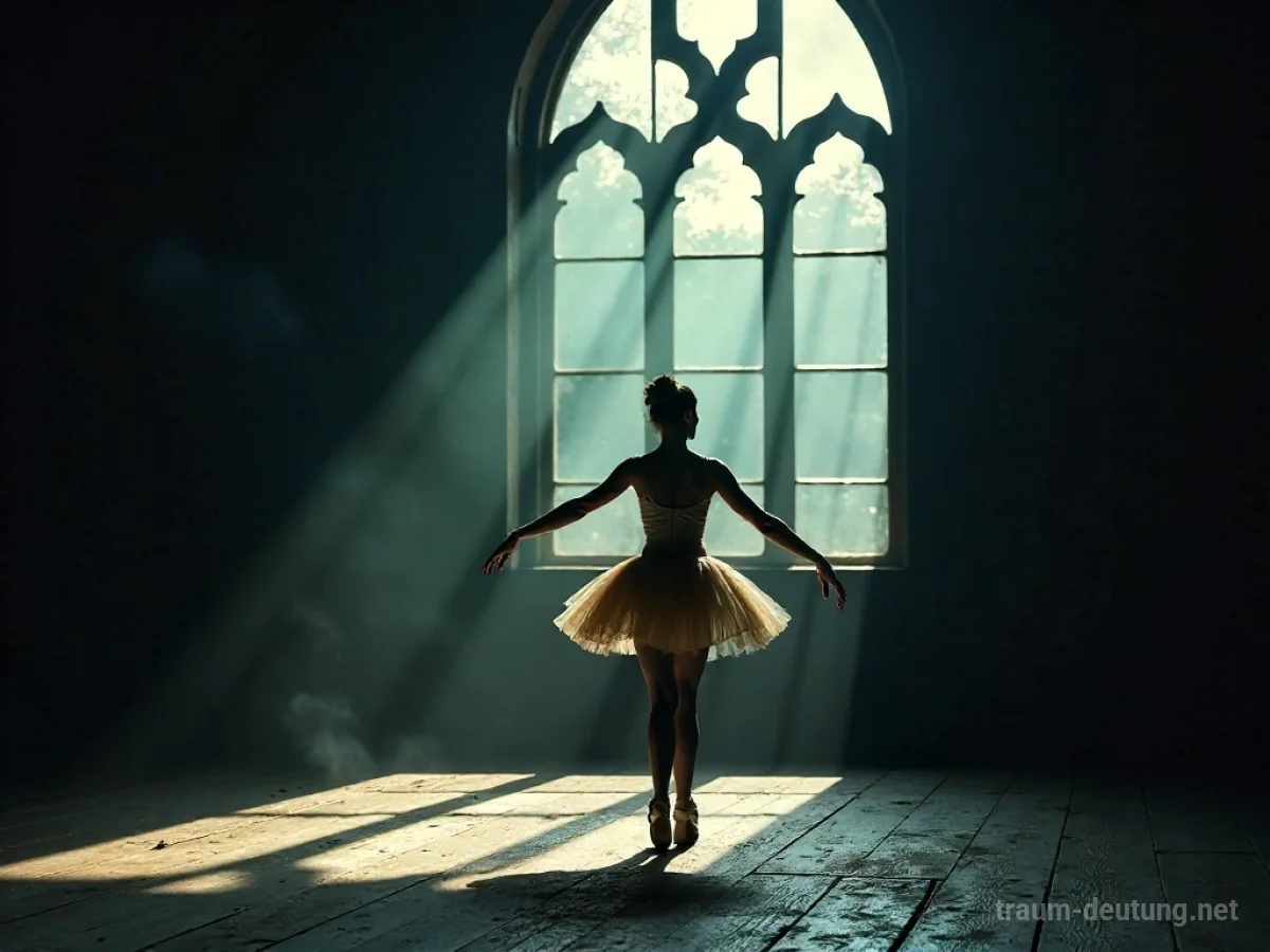 Traumdeutung Ballett: Eine einsame Ballerina in Tutu steht auf Spitze auf einer staubigen Bühne im Mondlicht.
