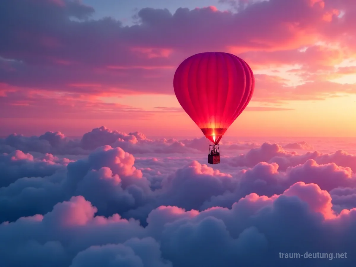 Traumsymbol Ballon: Ein leuchtend roter Heißluftballon schwebt friedlich vor einem tiefvioletten Abendhimmel mit sanften Orangetönen.
