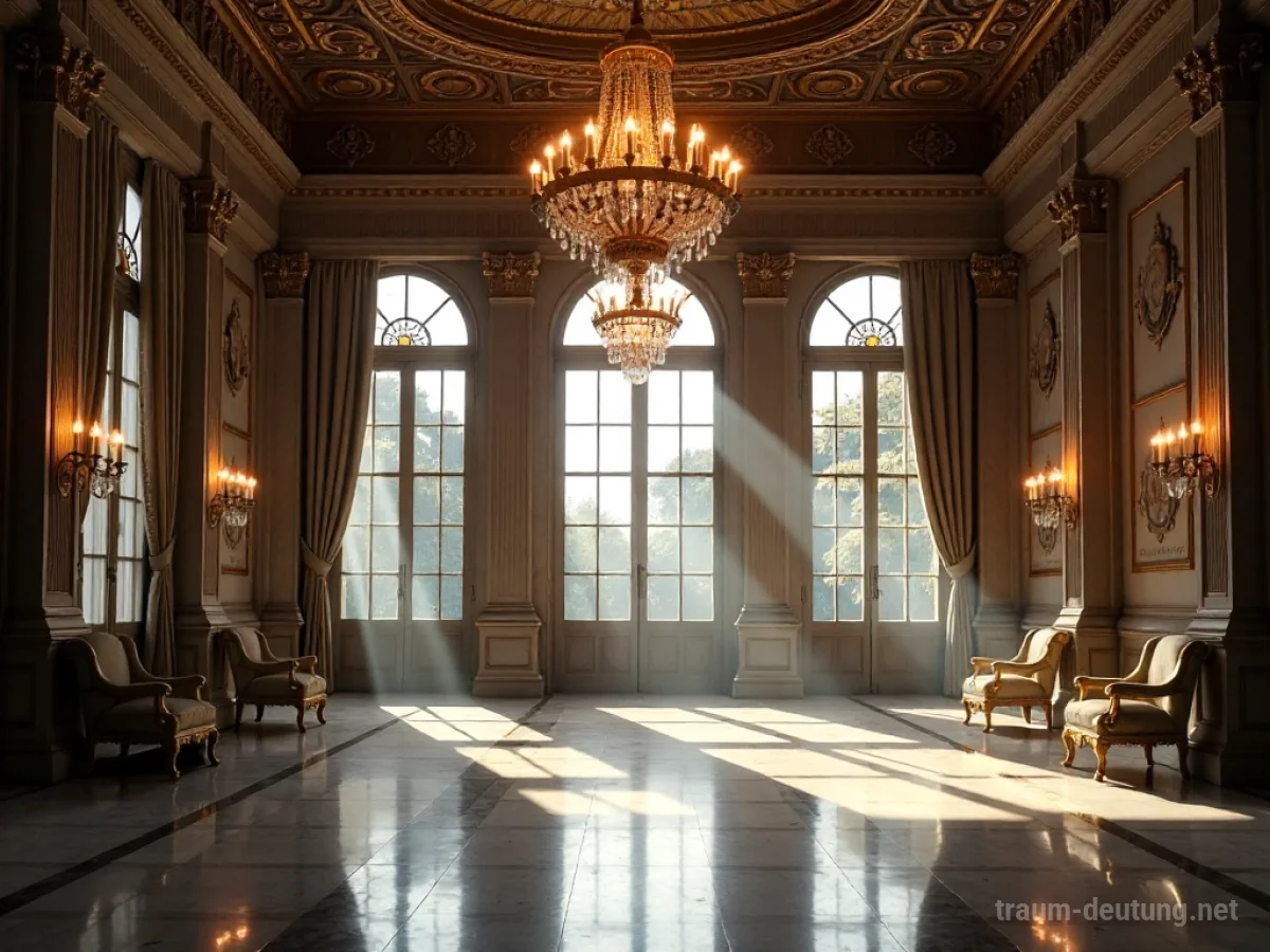 Traumsymbol Ballsaal: Ein prunkvoller, leerer Ballsaal im Mondlicht mit hohen Fenstern, Kristallleuchtern und poliertem Marmorboden.