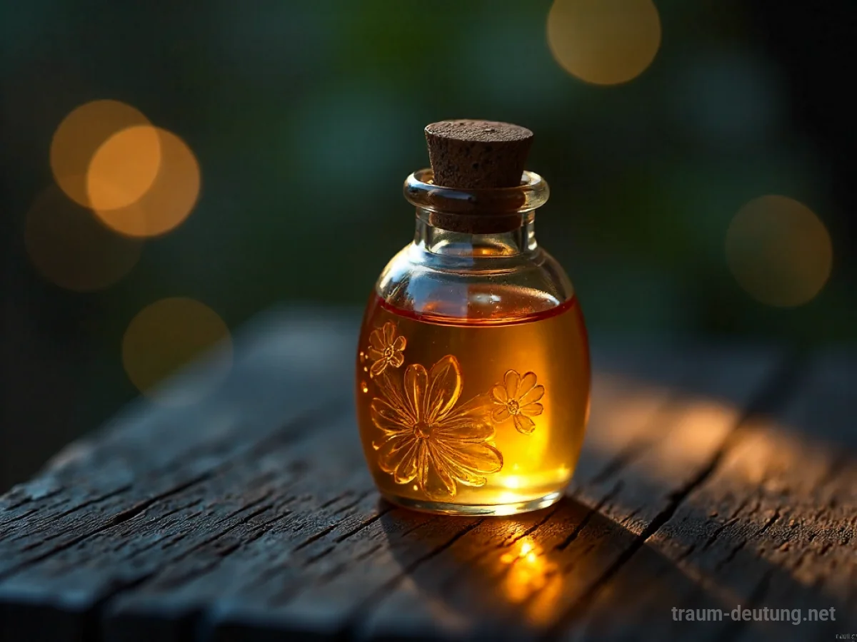 Traumsymbol Balsam: Eine antike Glasphiole mit goldenem Balsam liegt auf dunklem Holz im Mondlicht.