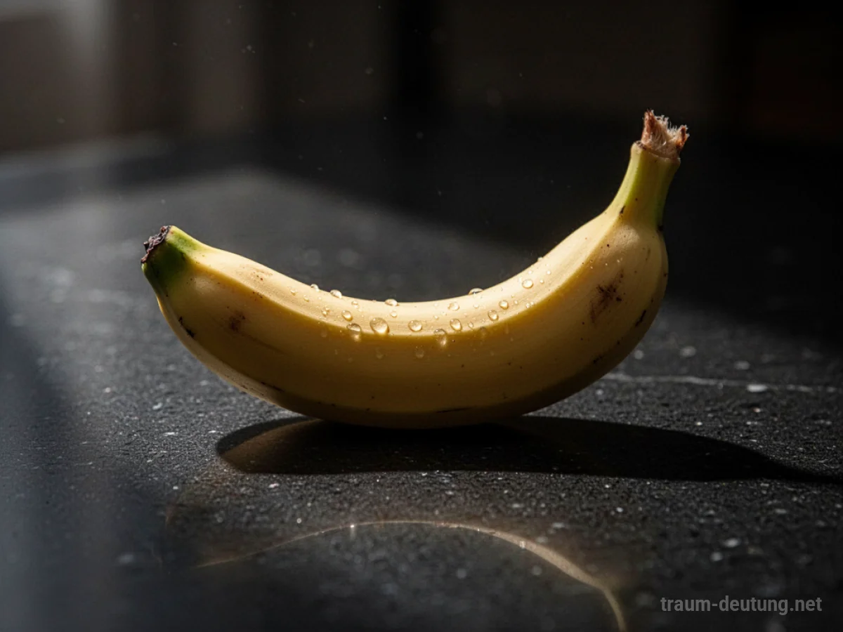 Traumsymbol Banane: Eine einzelne, reife Banane liegt auf einer dunklen, glatten Oberfläche, beleuchtet von sanftem Seitenlicht.