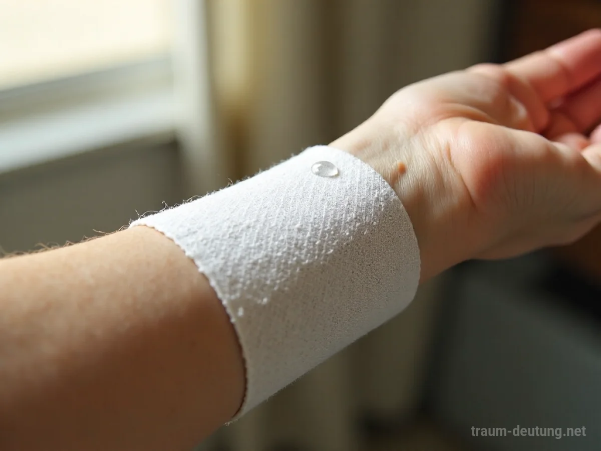 Traumdeutung Bandage: Eine detailreiche, fotorealistische Nahaufnahme einer weißen Mullbinde, die eng um einen menschlichen Unterarm gewickelt ist, im weich ausgeleuchteten Innenraum.