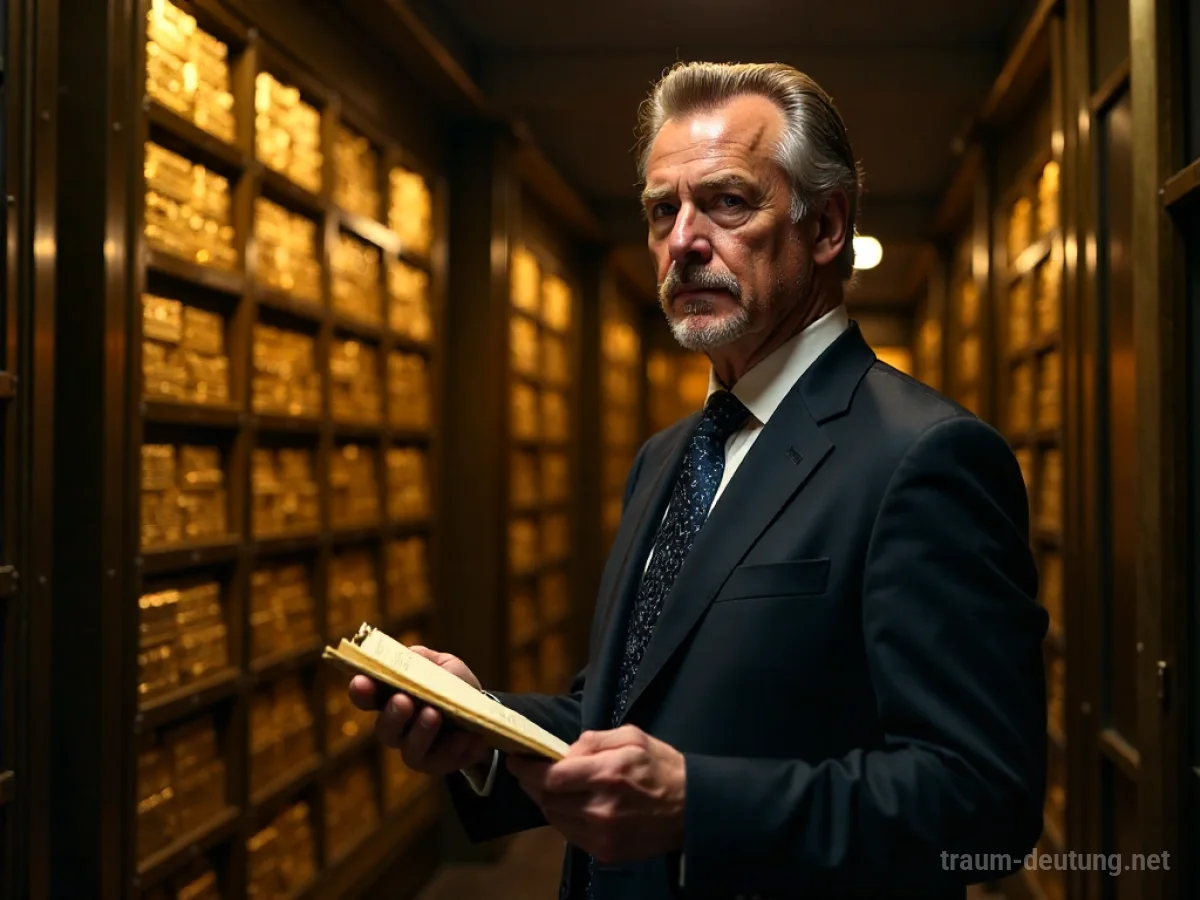 Traumdeutung Bankier: Ein distinguierter Bankier mit strengem Gesichtsausdruck steht in einem opulenten, schwach beleuchteten Banktresor, umgeben von hohen Stapeln glänzender Goldbarren.