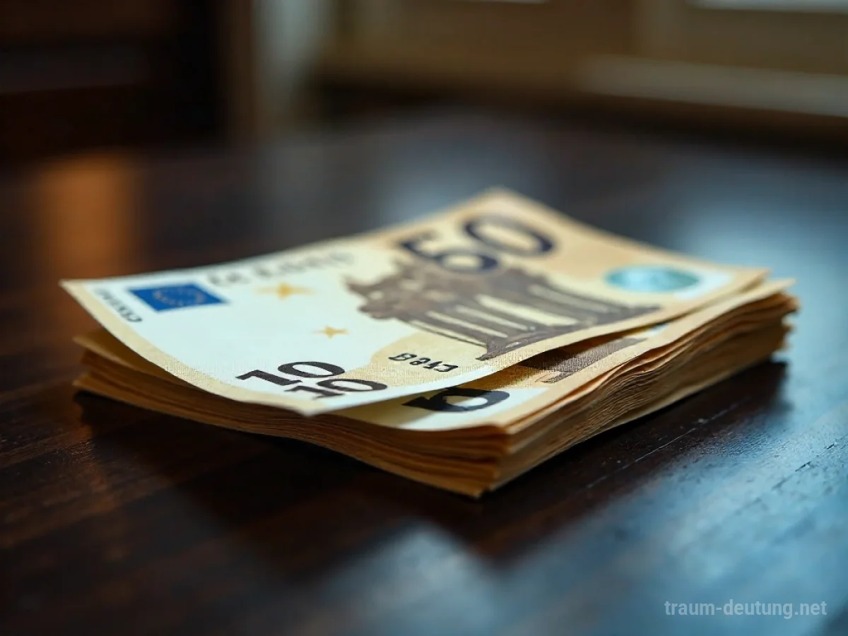 Traumdeutung Bargeld: Ein Stapel neuer Euro-Banknoten liegt auf einem dunklen Holztisch, beleuchtet von warmem Seitenlicht.