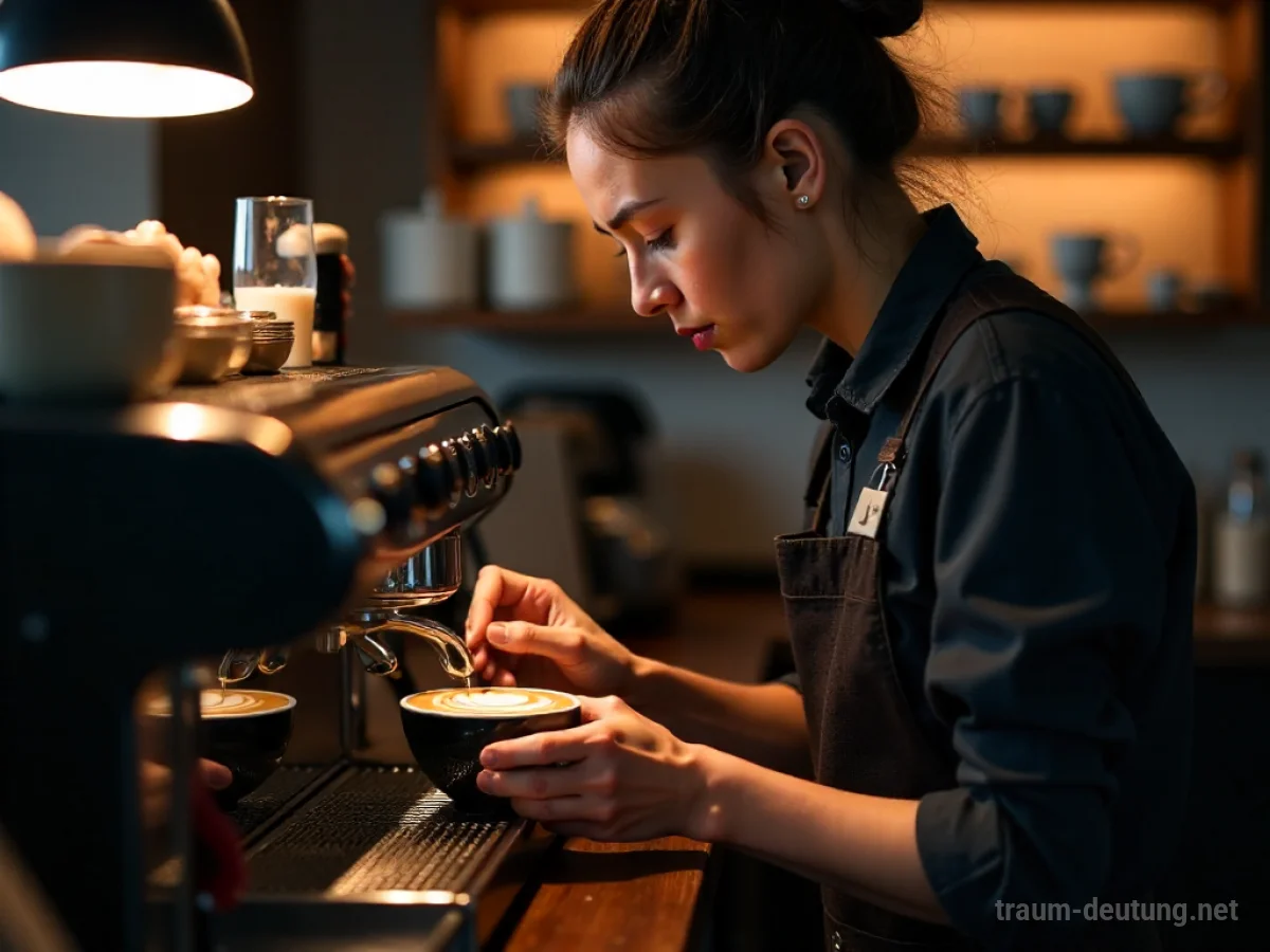 Traumsymbol Barista: Ein konzentrierter Barista kreiert Latte Art hinter einer Espressomaschine in einem gemütlichen Café im warmen Licht.