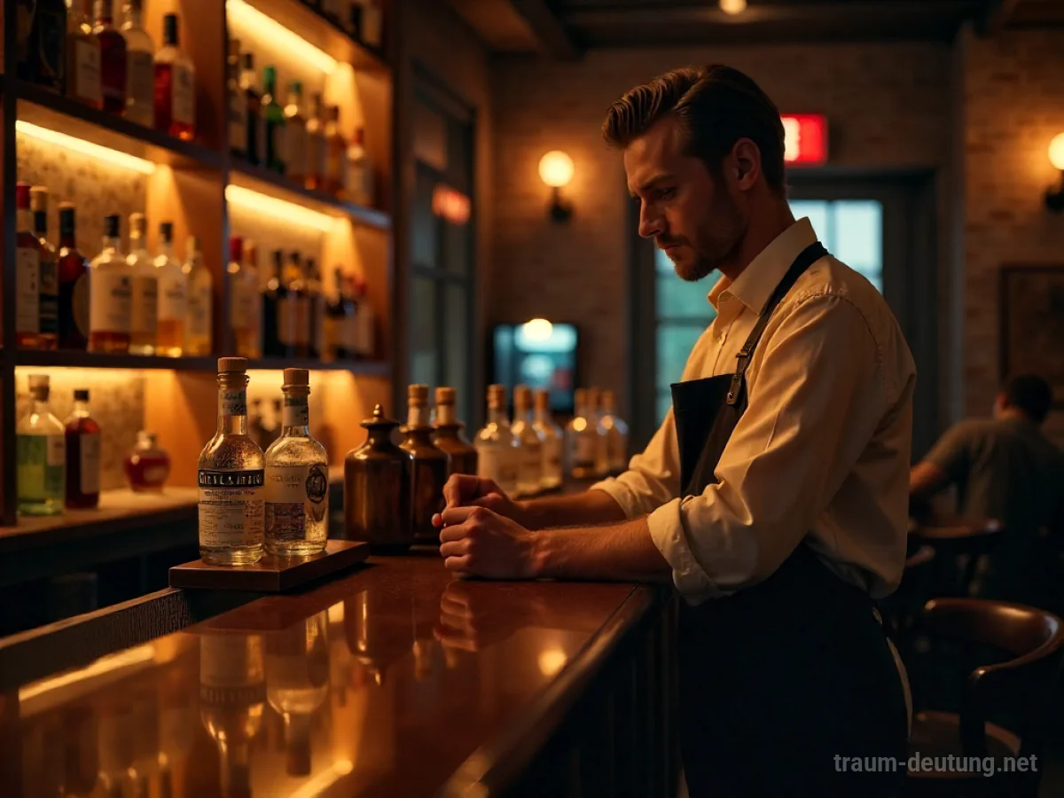 Traumdeutung Barkeeper: Ein Barkeeper steht hinter einem polierten Mahagoni-Tresen in einem schwach beleuchteten Speakeasy und arrangiert sorgfältig Vintage-Glasflaschen.