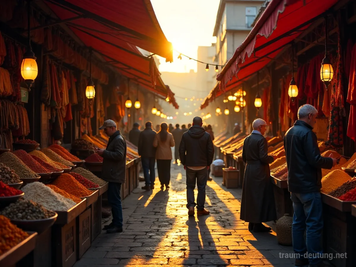 Traumdeutung Basar: Ein lebhafter Basar im Abendlicht mit Ständen voller Gewürze und Textilien, Menschen, die feilschen, und einer warmen Atmosphäre.