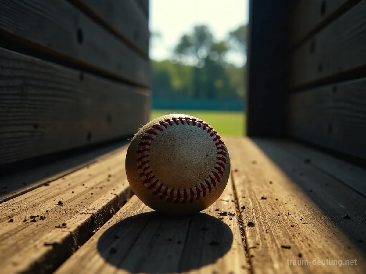 Traumdeutung Baseball: Ein abgenutzter Leder-Baseball liegt im Zentrum einer schwach beleuchteten, staubigen Baseball-Auswechselbank, beleuchtet von einem einzelnen Scheinwerfer.