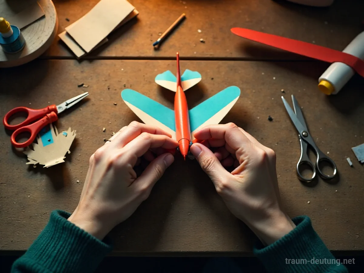 Traumsymbol Basteln: Hände bauen sorgfältig ein kleines Modellflugzeug aus bunten Papierstücken auf einem Holztisch.