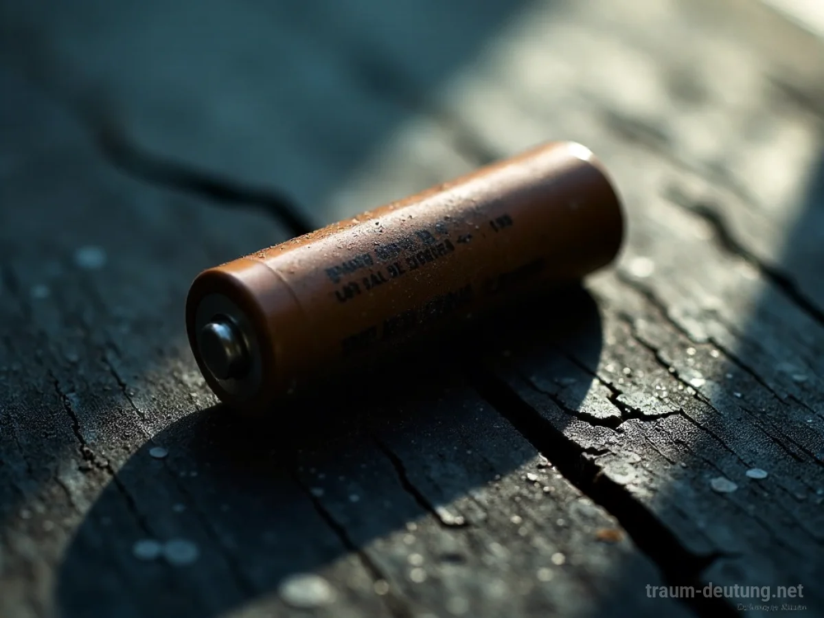 Traumsymbol Batterie: Eine alte AA-Batterie liegt auf einem dunklen, rissigen Holzuntergrund, beleuchtet von sanftem Mondlicht, das tiefe Schatten wirft.