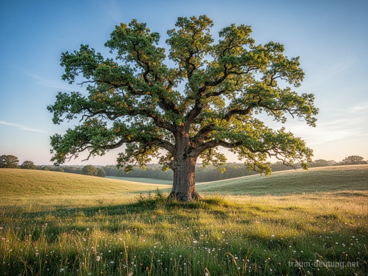Traumsymbol Baum: Ein majestätischer, alter Eichenbaum steht allein auf einer sonnigen Wiese unter klarem Himmel.